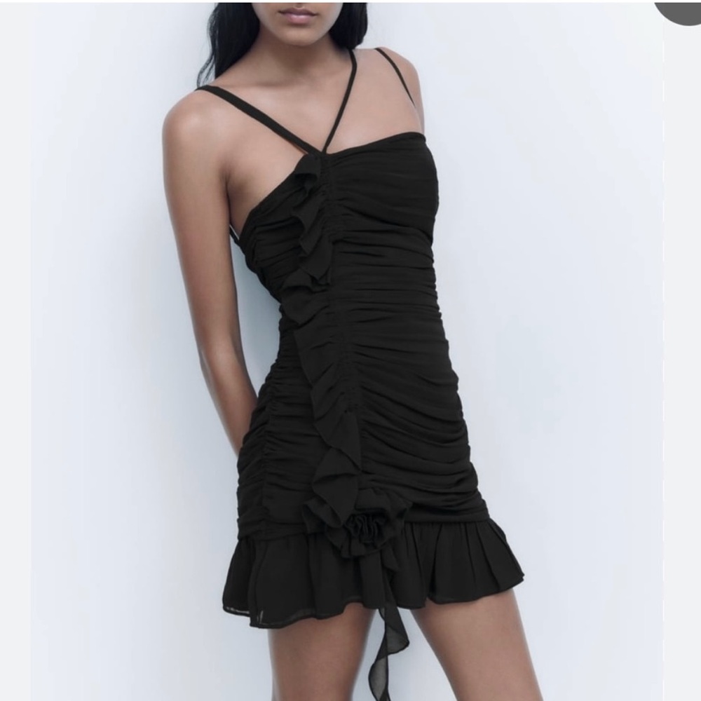 ZARA. Elegant Black Ruched Dress size S. Rarely worn